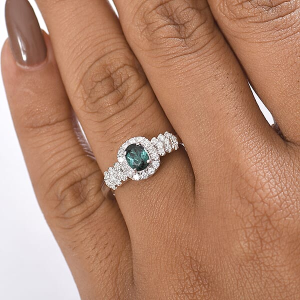 D'Joy Pirineu Lagoon Tourmaline And Moissanite 1.00 Ctw Ring In Rhodium Over Sterling Silver