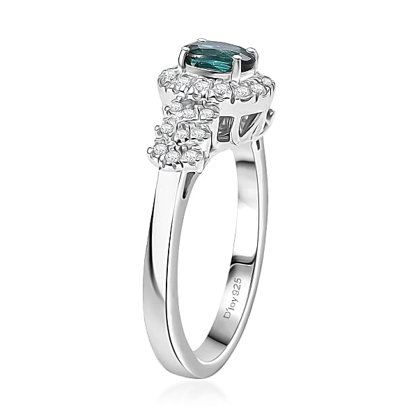 D'Joy Pirineu Lagoon Tourmaline And Moissanite 1.00 Ctw Ring In Rhodium Over Sterling Silver