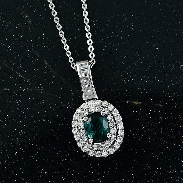 D'Joy Pirineu Lagoon Tourmaline And Moissanite 1.35 Ctw Classic Halo Pendant Necklace In Rhodium Over Sterling Silver 20 Inches