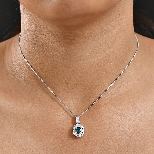 D'Joy Pirineu Lagoon Tourmaline And Moissanite 1.35 Ctw Classic Halo Pendant Necklace In Rhodium Over Sterling Silver 20 Inches