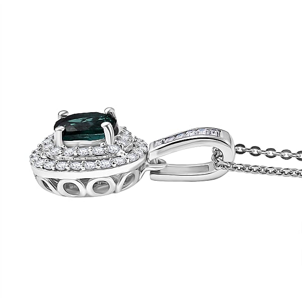 D'Joy Pirineu Lagoon Tourmaline And Moissanite 1.35 Ctw Classic Halo Pendant Necklace In Rhodium Over Sterling Silver 20 Inches