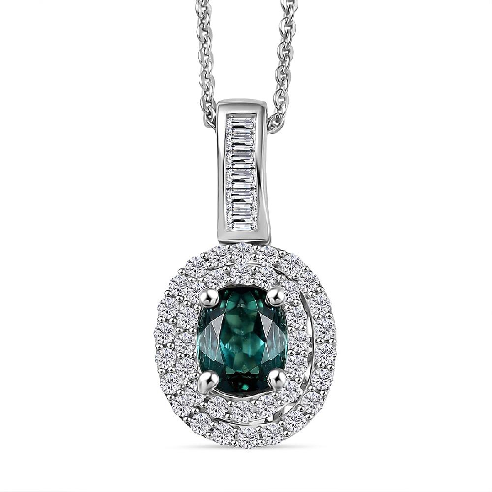 D'Joy Pirineu Lagoon Tourmaline and Moissanite 1.35 ctw Classic Halo Pendant Necklace in Rhodium Over Sterling Silver 20 Inches