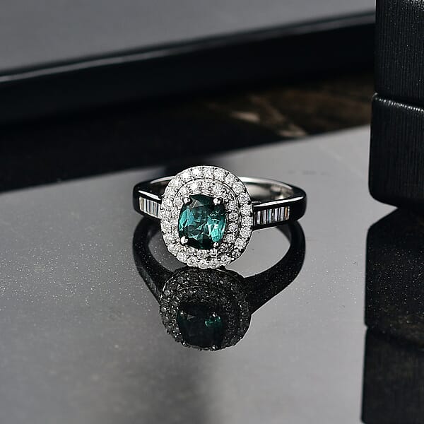 D'Joy Pirineu Lagoon Tourmaline And Moissanite 1.50 Ctw Classic Halo Ring In Rhodium Over Sterling Silver