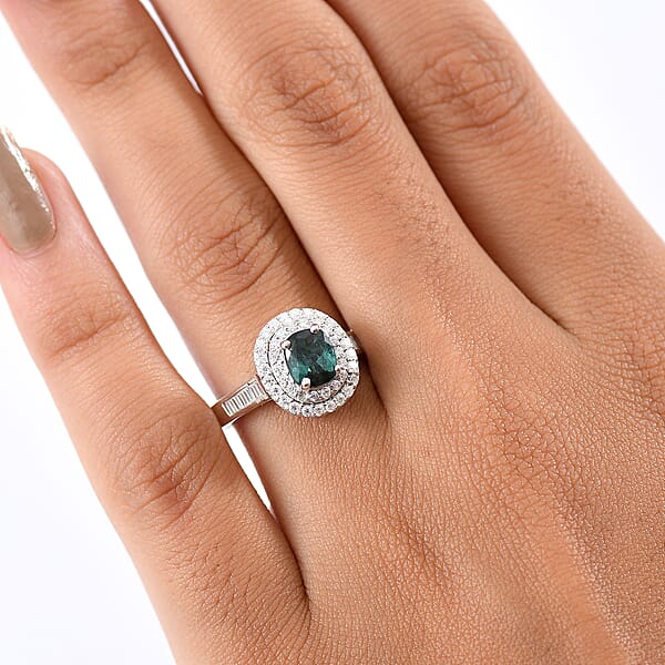 D'Joy Pirineu Lagoon Tourmaline And Moissanite 1.50 Ctw Classic Halo Ring In Rhodium Over Sterling Silver