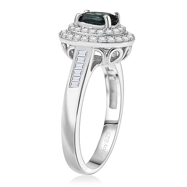 D'Joy Pirineu Lagoon Tourmaline And Moissanite 1.50 Ctw Classic Halo Ring In Rhodium Over Sterling Silver
