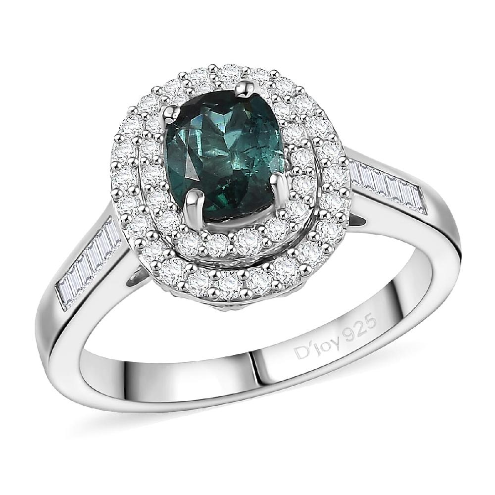 D'Joy Pirineu Lagoon Tourmaline and Moissanite 1.50 ctw Classic Halo Ring in Rhodium Over Sterling Silver