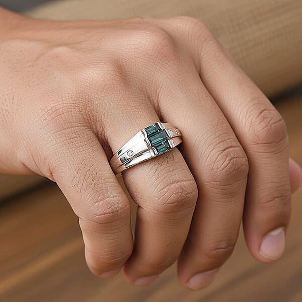 D'Joy Pirineu Lagoon Tourmaline Diamond Ring In Rhodium Over Sterling Silver 0.50 Ctw