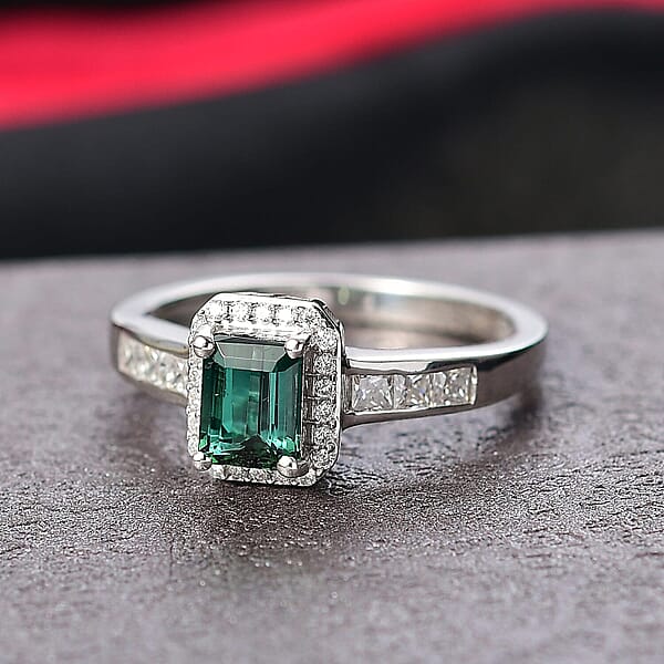 D'Joy Pirineu Lagoon Tourmaline Moissanite Ring In Rhodium Over Sterling Silver 1.30 Ctw