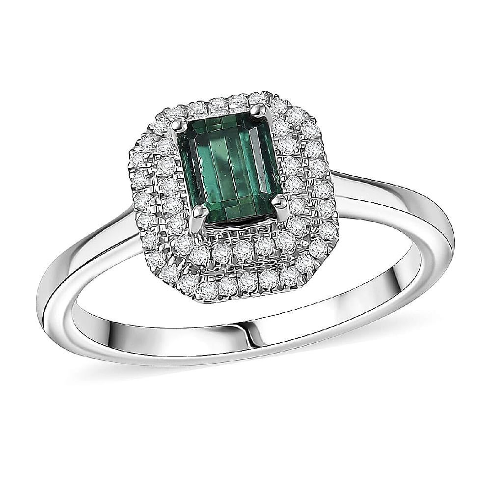 D'Joy Pirineu Lagoon Tourmaline Moissanite Ring in Rhodium Over Sterling Silver 1.25 ctw