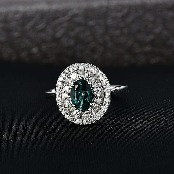 D'Joy Pirineu Lagoon Tourmaline Moissanite Ring In Rhodium Over Sterling Silver 2.15 Ctw