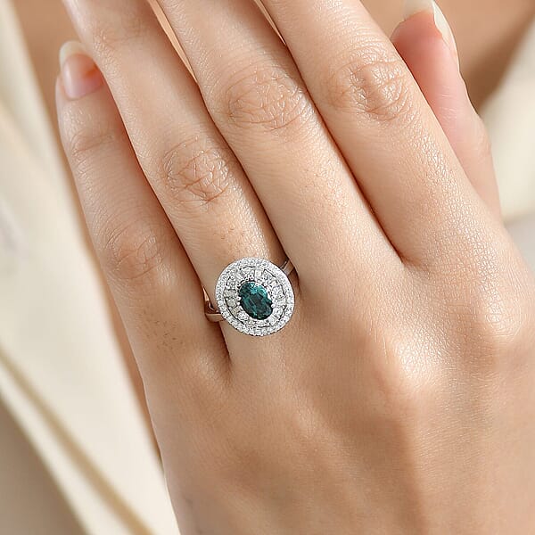 D'Joy Pirineu Lagoon Tourmaline Moissanite Ring In Rhodium Over Sterling Silver 2.15 Ctw
