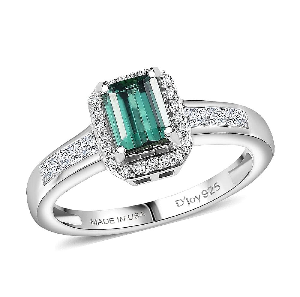 D'Joy Pirineu Lagoon Tourmaline Moissanite Ring in Rhodium Over Sterling Silver 1.30 ctw