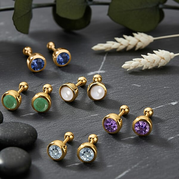 D'Joy Poke Free Multi Gemstone 2.50 Ctw Set Of 5 Solitaire Stud Earrings In 18K Vermeil Yellow Gold Over Sterling Silver