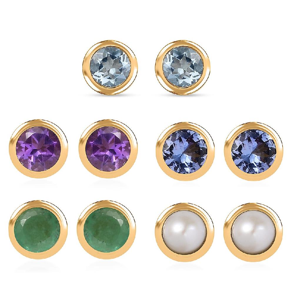 D'Joy Poke Free Multi Gemstone 2.50 ctw Set of 5 Solitaire Stud Earrings in 18K Vermeil Yellow Gold Over Sterling Silver