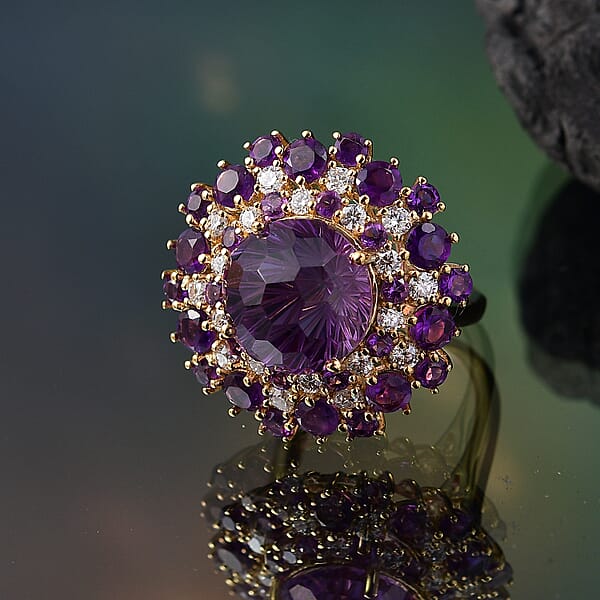 D'Joy Premium African Amethyst Moissanite Starbust Ring In 18K Vermeil YG Over Sterling Silver 10.40 Ctw