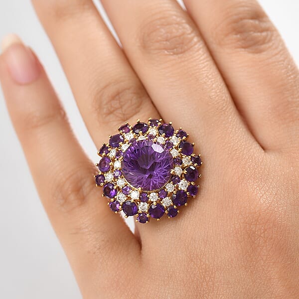 D'Joy Premium African Amethyst Moissanite Starbust Ring In 18K Vermeil YG Over Sterling Silver 10.40 Ctw
