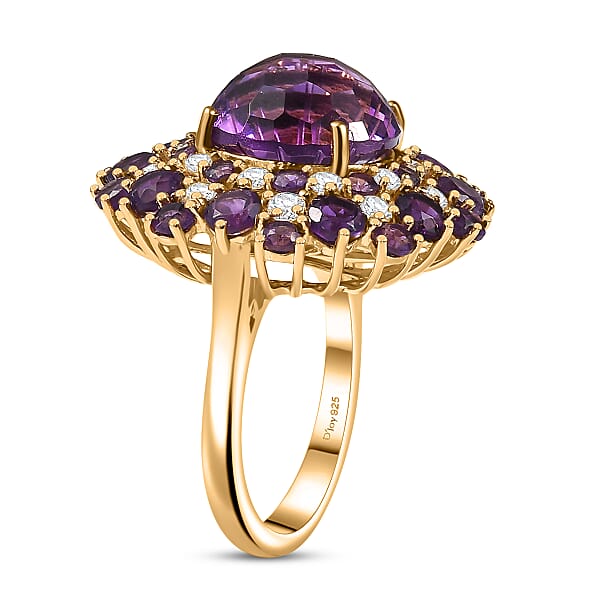 D'Joy Premium African Amethyst Moissanite Starbust Ring In 18K Vermeil YG Over Sterling Silver 10.40 Ctw