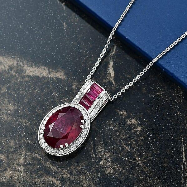 D'Joy Premium African Ruby (FF) And Moissanite 10.35 Ctw Royal Legacy Pendant Necklace In Rhodium Over Sterling Silver 20 Inches