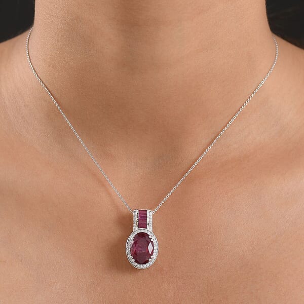 D'Joy Premium African Ruby (FF) And Moissanite 10.35 Ctw Royal Legacy Pendant Necklace In Rhodium Over Sterling Silver 20 Inches