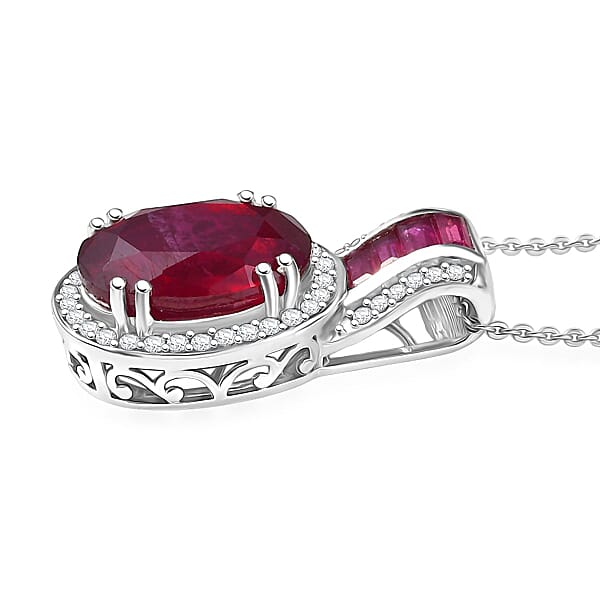 D'Joy Premium African Ruby (FF) And Moissanite 10.35 Ctw Royal Legacy Pendant Necklace In Rhodium Over Sterling Silver 20 Inches