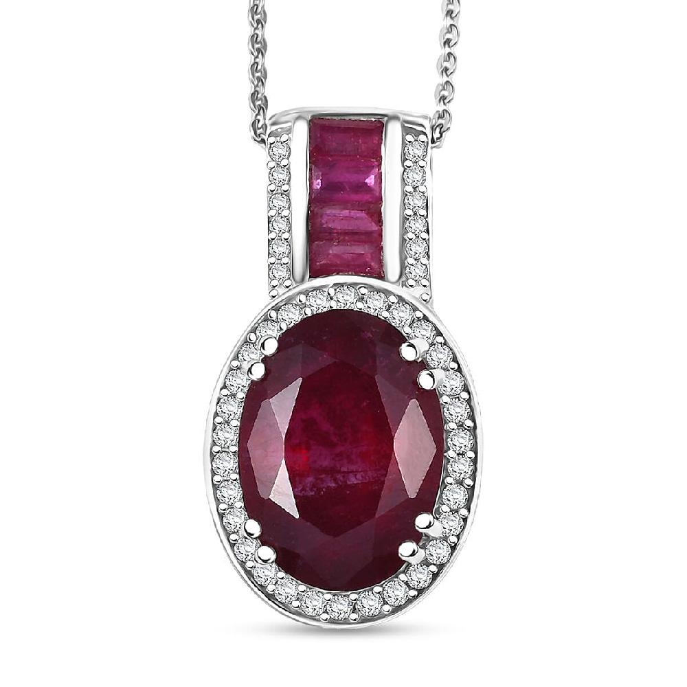 D'Joy Premium African Ruby (FF) and Moissanite 10.35 ctw Royal Legacy Pendant Necklace in Rhodium Over Sterling Silver 20 Inches
