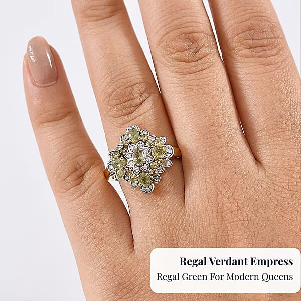 D'Joy Premium Ambanja Demantoid Garnet And Moissanite 2.10 Ctw Verdant Empress Ring In 18K Vermeil Yellow Gold Over Sterling Silver