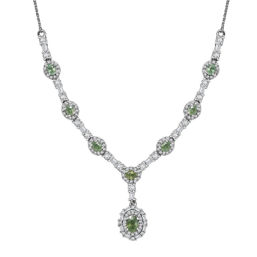 D'Joy Premium Ambanja Demantoid Garnet and Moissanite 4.65 ctw Forest Gleam Necklace in Rhodium Over Sterling Silver 18 Inches