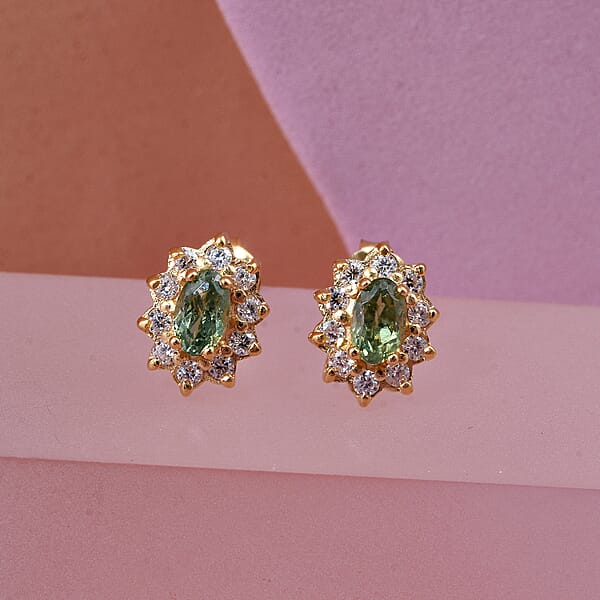D'Joy Premium Ambanja Demantoid Garnet And Moissanite 0.80 Ctw Verdant Fire Stud Earrings In 18K Vermeil Yellow Gold Over Sterling Silver