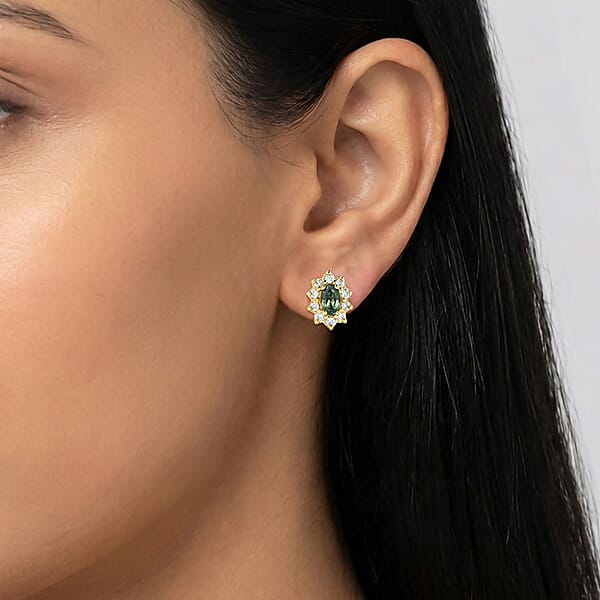 D'Joy Premium Ambanja Demantoid Garnet And Moissanite 0.80 Ctw Verdant Fire Stud Earrings In 18K Vermeil Yellow Gold Over Sterling Silver