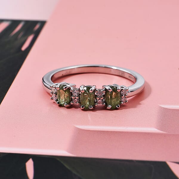 D'Joy Premium Ambanja Demantoid Garnet And Moissanite 1.00 Ctw Greenfire Trinity Ring In Rhodium Over Sterling Silver
