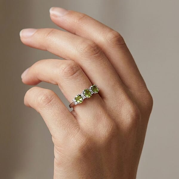 D'Joy Premium Ambanja Demantoid Garnet And Moissanite 1.00 Ctw Greenfire Trinity Ring In Rhodium Over Sterling Silver