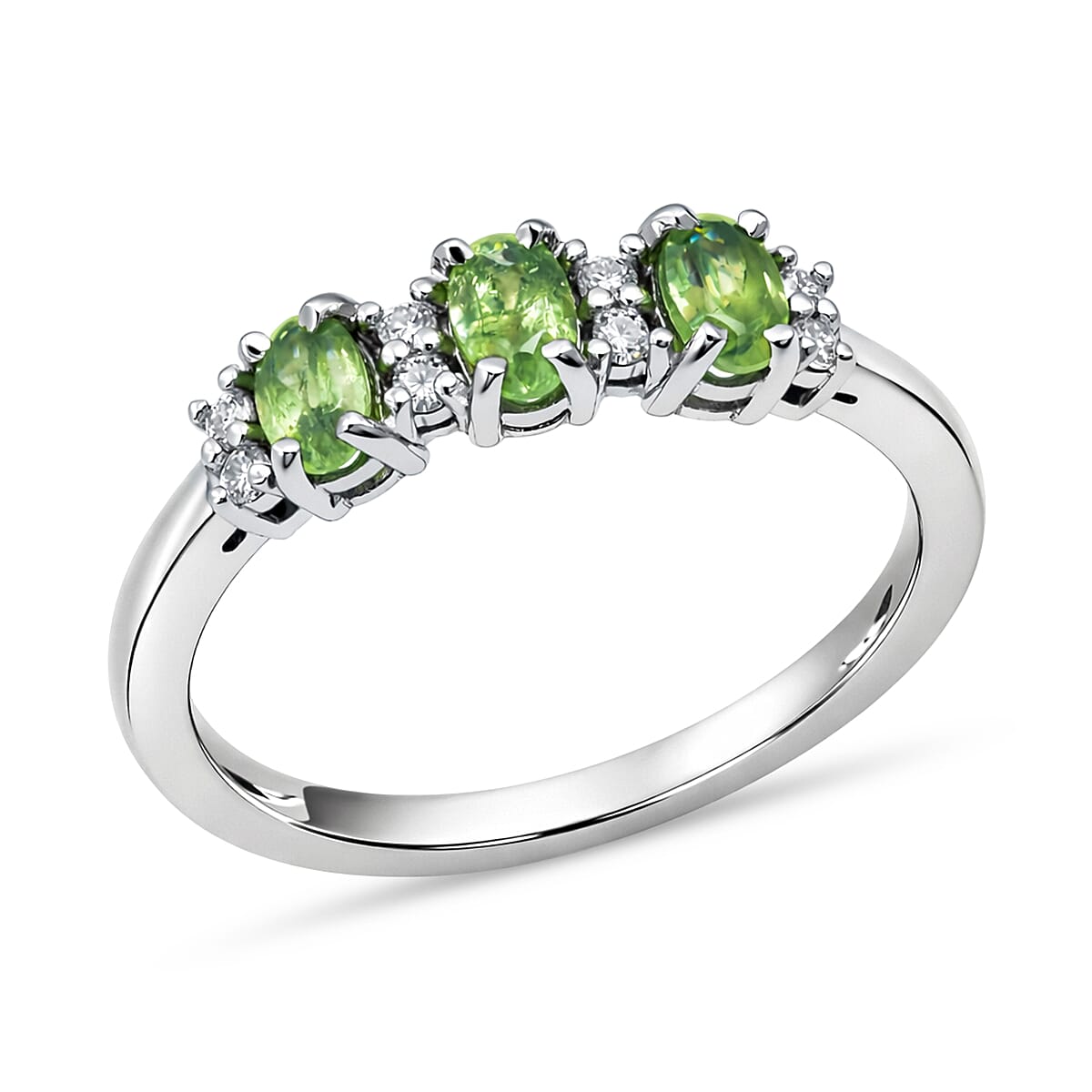 D'Joy Premium Ambanja Demantoid Garnet and Moissanite 1.00 ctw Greenfire Trinity Ring in Rhodium Over Sterling Silver