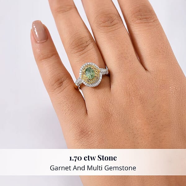 D'Joy Premium Ambanja Demantoid Garnet And Multi Gemstone 1.70 Ctw Verdant Halo Ring In 18K Vermeil Yellow Gold Over Sterling Silver