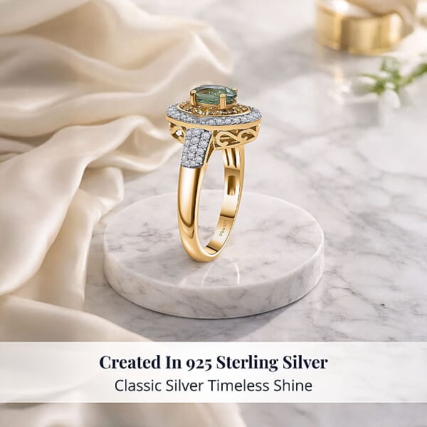 D'Joy Premium Ambanja Demantoid Garnet And Multi Gemstone 1.70 Ctw Verdant Halo Ring In 18K Vermeil Yellow Gold Over Sterling Silver
