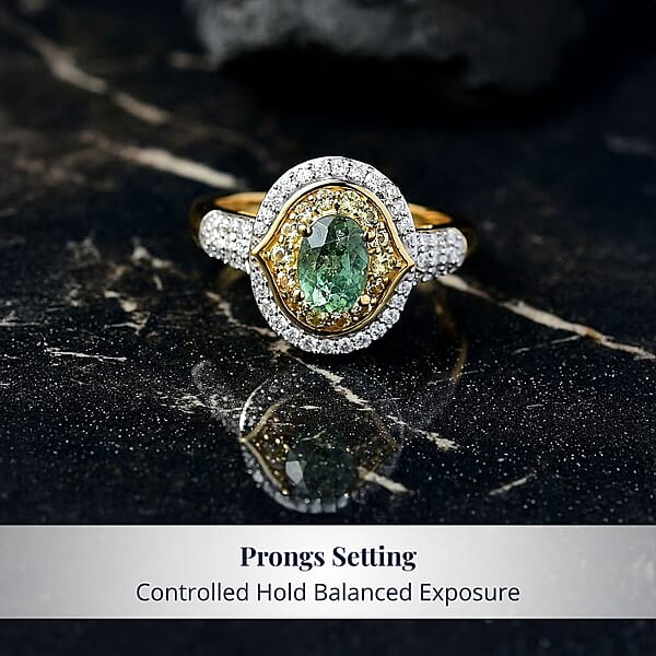D'Joy Premium Ambanja Demantoid Garnet And Multi Gemstone 1.70 Ctw Verdant Halo Ring In 18K Vermeil Yellow Gold Over Sterling Silver