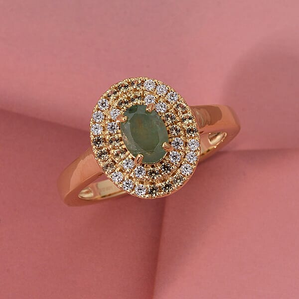 D'Joy Premium Ambanja Demantoid Garnet And Multi Gemstone 1.50 Ctw Evergreen Flame Halo Ring In 18K Vermeil Yellow Gold Over Sterling Silver