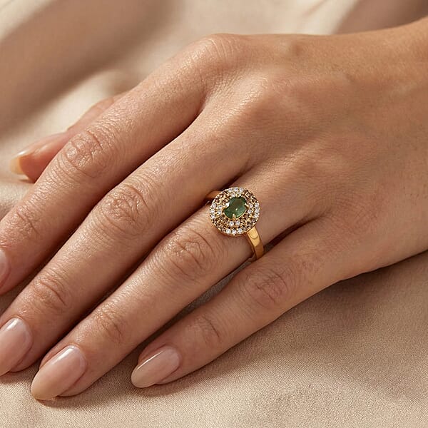 D'Joy Premium Ambanja Demantoid Garnet And Multi Gemstone 1.50 Ctw Evergreen Flame Halo Ring In 18K Vermeil Yellow Gold Over Sterling Silver