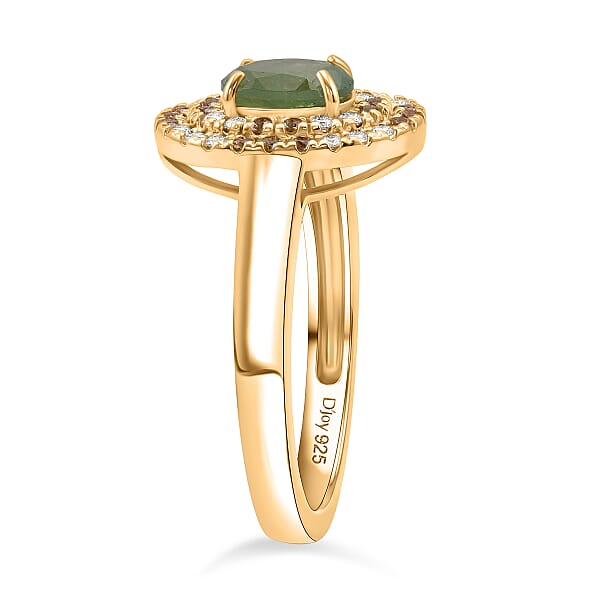 D'Joy Premium Ambanja Demantoid Garnet And Multi Gemstone 1.50 Ctw Evergreen Flame Halo Ring In 18K Vermeil Yellow Gold Over Sterling Silver