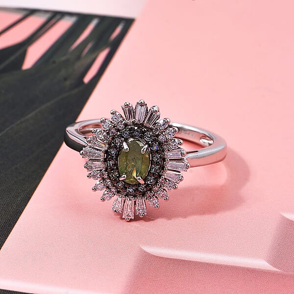 D'Joy Premium Ambanja Demantoid Garnet And Multi Gemstone 1.30 Ctw Woodland Spark Halo Ring In Rhodium Over Sterling Silver