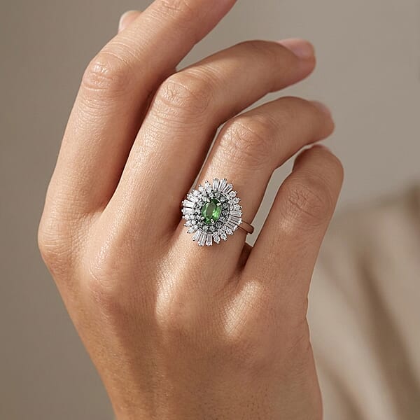 D'Joy Premium Ambanja Demantoid Garnet And Multi Gemstone 1.30 Ctw Woodland Spark Halo Ring In Rhodium Over Sterling Silver
