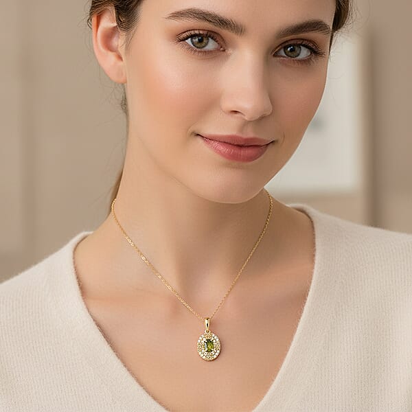 D'Joy Premium Ambanja Demantoid Garnet And Multi Gemstone 1.50 Ctw Evergreen Flame Halo Pendant Necklace In 18K Vermeil Yellow Gold Over Sterling Silver 20 Inches