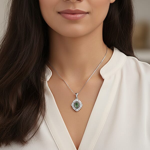 D'Joy Premium Ambanja Demantoid Garnet And Multi Gemstone 1.30 Ctw Woodland Spark Halo Pendant Necklace In Rhodium Over Sterling Silver 20 Inches