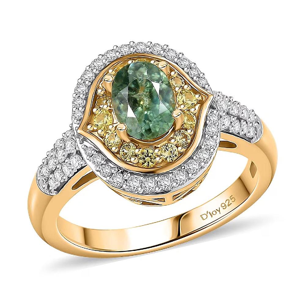 D'Joy Premium Ambanja Demantoid Garnet and Multi Gemstone 1.70 ctw Verdant Halo Ring in 18K Vermeil Yellow Gold Over Sterling Silver