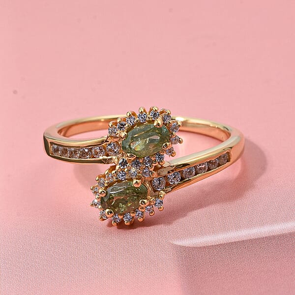 D'Joy Premium Ambanja Demantoid Garnet And White Zircon 1.00 Ctw Forest Flame Crossover Ring In 18K Vermeil Yellow Gold Over Sterling Silver