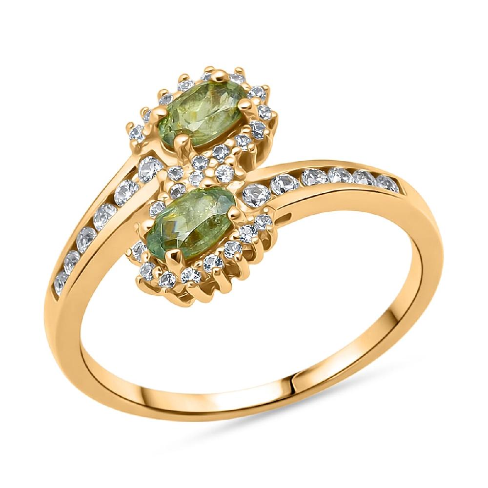 D'Joy Premium Ambanja Demantoid Garnet and White Zircon 1.00 ctw Forest Flame Crossover Ring in 18K Vermeil Yellow Gold Over Sterling Silver