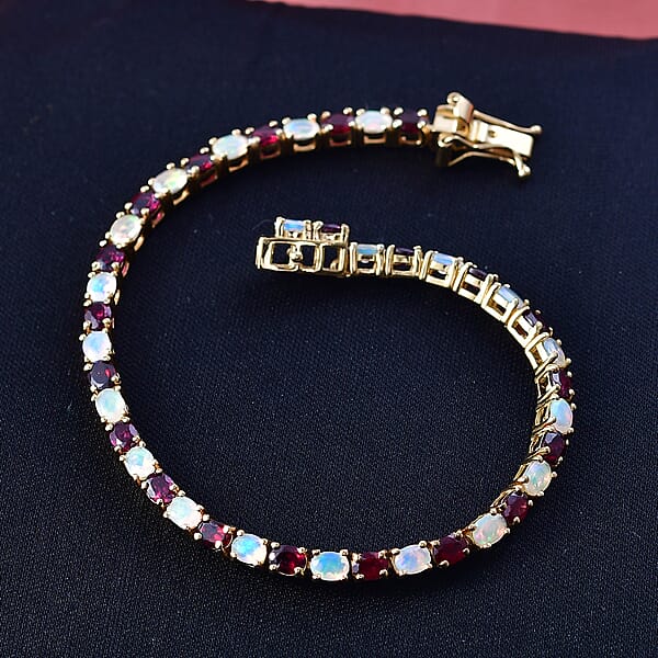 D'Joy Premium Anthill Garnet And Ethiopian Welo Opal 6.40 Ctw Heart Of Earth & Light Bracelet In 18K Vermeil Yellow Gold Over Sterling Silver (7.25 In)