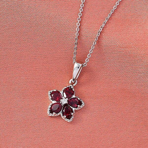 D'Joy Premium Anthill Garnet And Moissanite 1.00 Ctw Flower Pendant Necklace 20 Inches In Rhodium Over Sterling Silver (Del. In 5-7 Days)