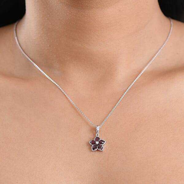 D'Joy Premium Anthill Garnet And Moissanite 1.00 Ctw Flower Pendant Necklace 20 Inches In Rhodium Over Sterling Silver (Del. In 5-7 Days)