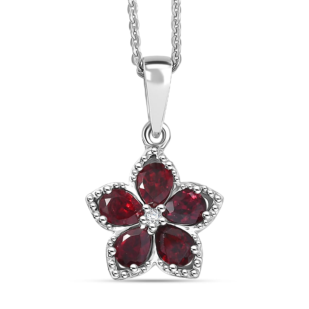 D'Joy Premium Anthill Garnet and Moissanite 1.00 ctw Flower Pendant Necklace 20 Inches in Rhodium Over Sterling Silver (Del. in 5-7 Days)