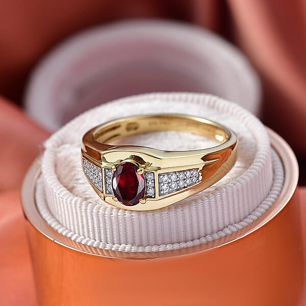 D'Joy Premium Anthill Garnet And Moissanite 1.10 Ctw Men's Ring In 18K Vermeil Yellow Gold Over Sterling Silver (Del. In 5-7 Days)